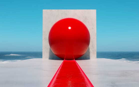 Abstract red sphere and linear pathway against ocean horizon.