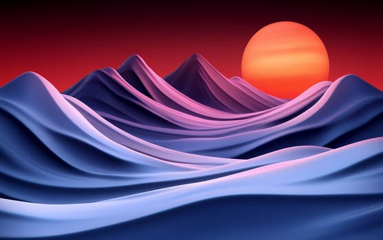 Abstract landscape with vibrant waves and sunset.