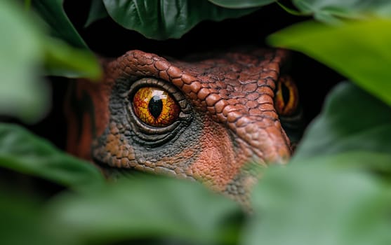 Close-up of a dinosaur eye peering through leaves.