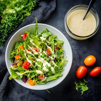 Tasty Mixed Salad vegetables with American Dressing meal dish