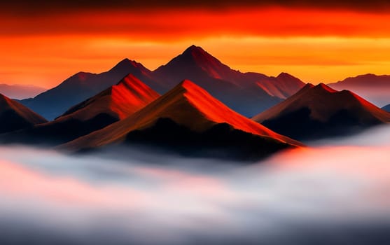 Majestic mountain peaks at sunset with dramatic orange sky and misty fog.