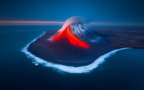 Awe-inspiring eruption of a lone island volcano at dusk.