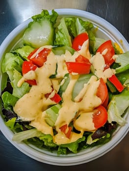 Tasty Mixed Salad vegetables with American Dressing meal dish