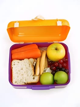 Lunch box Healthy sandwich and fruits break food dish