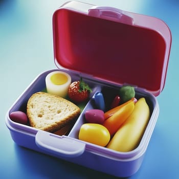 Lunch box Healthy sandwich and fruits break food dish