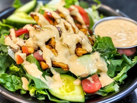 Tasty Mixed Salad vegetables with American Dressing meal dish