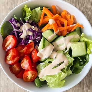 Tasty Mixed Salad vegetables with American Dressing meal dish