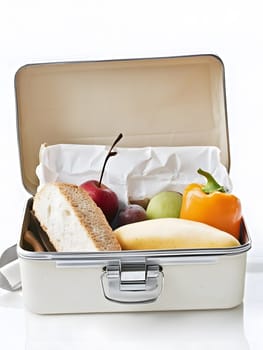 Lunch box Healthy sandwich and fruits break food dish