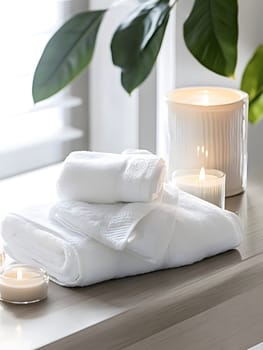 White Bath Towel Bathrom decor soft spa with candles