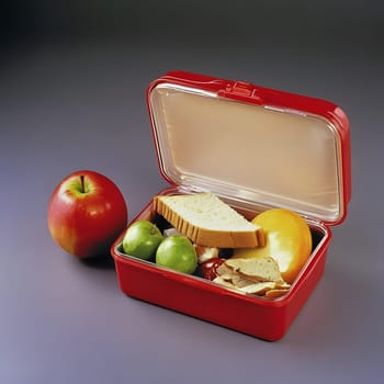Lunch box Healthy sandwich and fruits break food dish