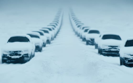 Endless row of snow-covered cars in winter landscape.