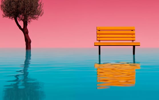 Surreal scene of yellow bench and tree partially submerged in water.