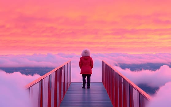 Woman in red coat standing on cloudy pathway overlooking vibrant sunset sky.