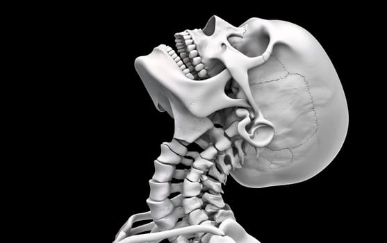 Anatomical side view of human skull and neck bones.