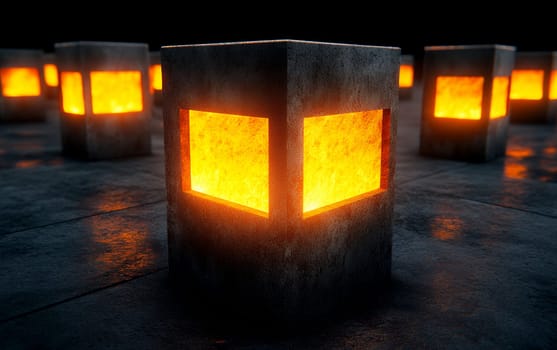 Glowing orange lanterns on a wet surface at night.