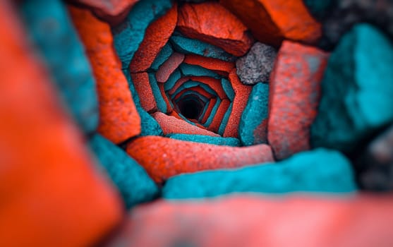 Spiral tunnel of vibrant red and blue stones creating a hypnotic depth illusion.