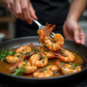Closeup of cooking seafood in restaurant