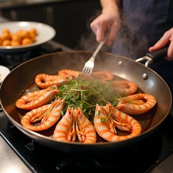 Closeup of cooking seafood in restaurant