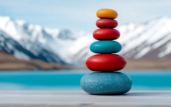 Balanced stack of colorful stones against snowy mountain landscape.
