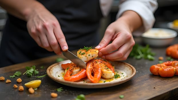 Closeup of cooking seafood in restaurant