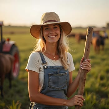 Cute girl works at farm