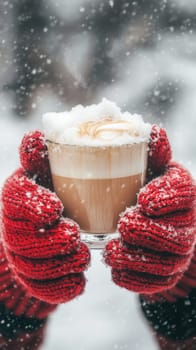 A pair of red knitted gloves cradles a glass filled with a creamy warm beverage topped with snow. Snowflakes gently fall, creating a cozy winter atmosphere.