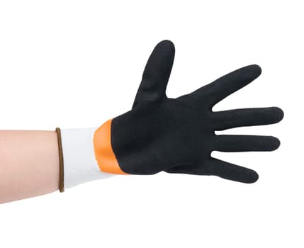 Hand in black rubberized work glove on isolated background