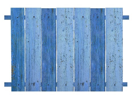 Fragment of a fence made of old boards painted with blue paint on an isolated background