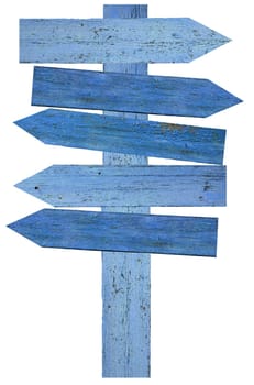 Blue wooden arrows with different directions on isolated background