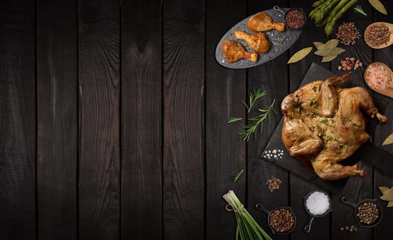 Whole fried chicken with spices on wooden board, brown wooden background, top view. Copy space