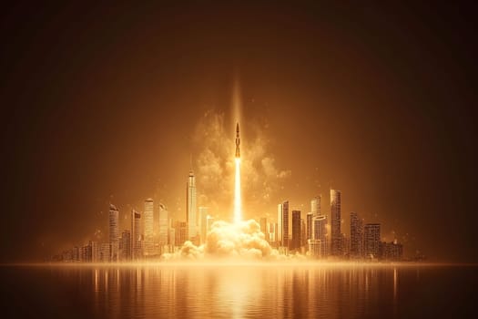 Beginning of third world war. Nuclear war start. Nuclear rocket ascends into the sky from a bustling urban area. The launch generates clouds of toxic smoke