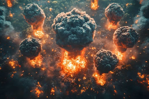Bird eye view of powerful explosion ignites vast area, sending thick clouds of smoke and flames into the sky. Beginning of third world war. Nuclear war start catastrophic effect on the environment.