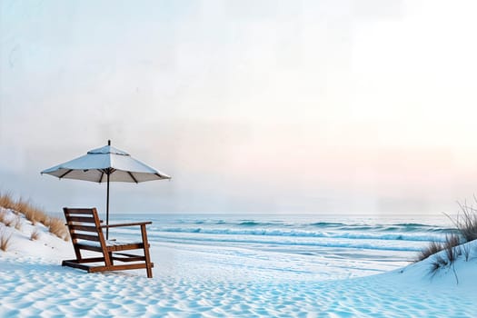 A serene beach covered in white sand or snow, featuring a single wooden chair and a white umbrella facing gentle ocean waves under a soft pastel sky