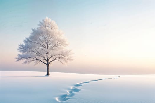 A solitary tree covered in frost stands in a vast snow-covered landscape. The soft light of the winter morning illuminates the snow-covered ground, and footprints lead towards the tree