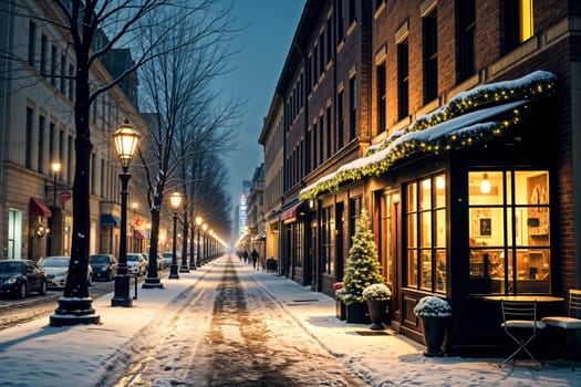 A serene winter night in a city street adorned with snow. Illuminated by warm lights, buildings feature festive decorations, creating a cozy holiday atmosphere