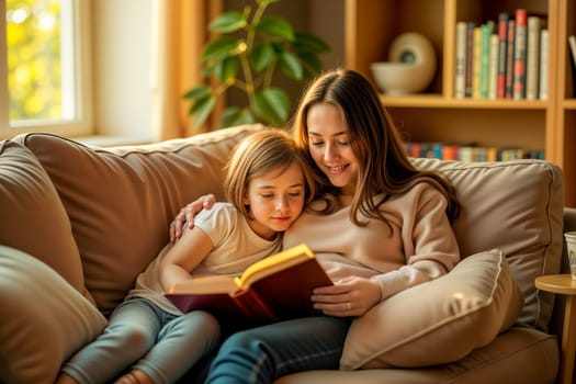 A loving mother and her young child sitting on a cozy couch, enjoying a storybook together. The warm home setting features a bookshelf in the background