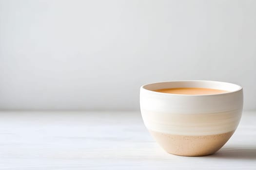 Minimalistic bowl in soft tones holds a warm beverage. The setting emphasizes tranquility and modern design with a clean background with copy space