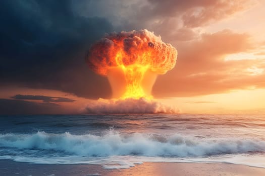 Massive nuclear explosion erupts over ocean, forming a towering mushroom cloud illuminated by vibrant sunset colors. Waves crash against the shore as sky darkens. Contrast of sea beauty and horror
