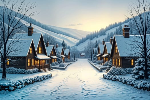 Snowy mountain village with wooden cabins glowing warmly under frosty trees and snowy skies. Winter tourism, holiday promotions, and seasonal retreats