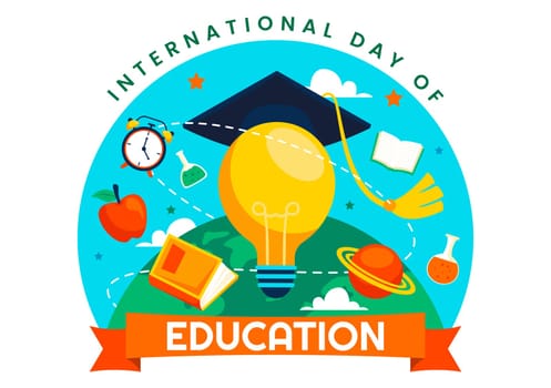 International Education Day Vector Illustration on January 24, Featuring Students, a Globe, and Educational Elements in a Flat Style Background