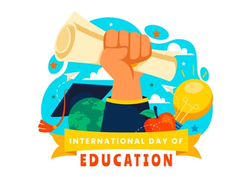 International Education Day Vector Illustration on January 24, Featuring Students, a Globe, and Educational Elements in a Flat Style Background