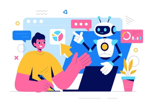 Artificial Intelligence Vector Illustration featuring a Digital Brain, Technology, and Engineering with a Programmer Analyzing Data or Scientific