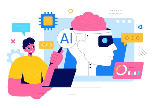 Artificial Intelligence Vector Illustration featuring a Digital Brain, Technology, and Engineering with a Programmer Analyzing Data or Scientific