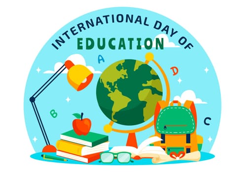 International Education Day Vector Illustration on January 24, Featuring Students, a Globe, and Educational Elements in a Flat Style Background