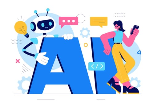 Artificial Intelligence Vector Illustration featuring a Digital Brain, Technology, and Engineering with a Programmer Analyzing Data or Scientific