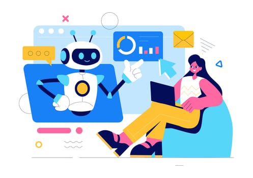 Artificial Intelligence Vector Illustration featuring a Digital Brain, Technology, and Engineering with a Programmer Analyzing Data or Scientific