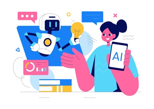 Artificial Intelligence Vector Illustration featuring a Digital Brain, Technology, and Engineering with a Programmer Analyzing Data or Scientific