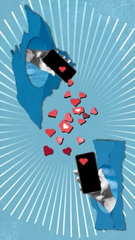 Creative trend abstract collage of hand giving likes as reaction on social media