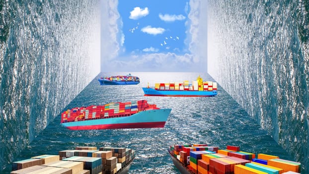 Logistics and transportation of international container cargo ship and sea. Freight , shipping, nautical vessel concept. Creative collage