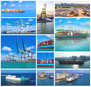 A collage of photos about cargo shipping theme. Industrial container cargo freight ship for import or export in port.